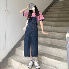 批发复古牛仔背带裙女春夏2025新款设计感宽松显瘦开叉中长款裙子