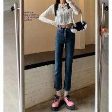 批发九分开叉弹力<b class='q'>牛仔裤</b><b class='q'>女</b>2025年春秋季新款高腰修身显瘦<b class='q'>直筒</b>小脚裤子