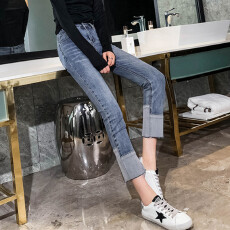 批发<b class='q'>牛仔裤</b><b class='q'>女</b>春秋冬季高腰修身小脚九分烟管裤小个子拼接撞色铅笔裤子