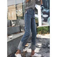 批发<b class='q'>牛仔裤</b><b class='q'>女</b>春秋冬季高腰修身小脚九分烟管裤小个子拼接撞色铅笔裤子