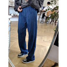 批发春秋新款高腰拖地裤显瘦条纹<b class='q'>牛仔裤</b>女宽松设计感直筒阔腿裤