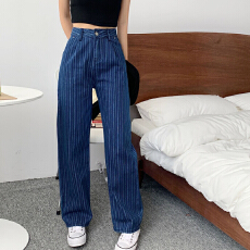 批发春秋新款高腰拖地裤显瘦条纹<b class='q'>牛仔裤</b>女宽松设计感直筒阔腿裤