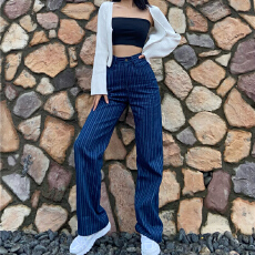 批发春秋新款高腰拖地裤显瘦条纹<b class='q'>牛仔裤</b>女宽松设计感直筒阔腿裤