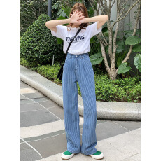 批发春秋新款高腰拖地裤显瘦条纹<b class='q'>牛仔裤</b>女宽松设计感直筒阔腿裤