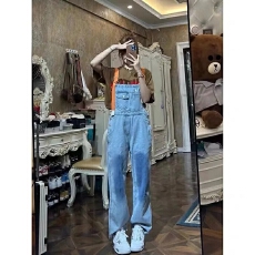 批发春装大码可盐可甜设计感小众宽松胖MM阔腿<b class='q'>背带裤</b>子