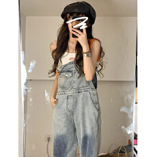 批发春装大码可盐可甜设计感小众宽松胖MM阔腿<b class='q'>背带裤</b>子