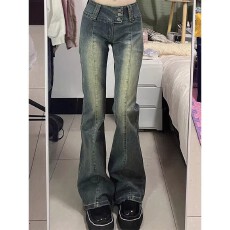 批发复古毛边微喇牛仔<b class='q'>裤</b>女秋季<b class='q'>修身</b>直筒高腰显瘦马蹄长<b class='q'>裤</b>百搭拖地<b class='q'>裤</b>