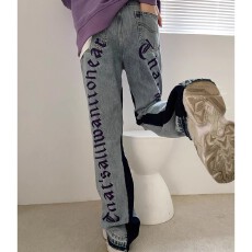 刺绣字母牛仔裤女春秋季欧美复古潮流宽松裤子设计感直筒休闲长裤