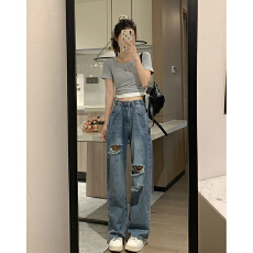 批发<b class='q'>长裤</b>春秋高腰直筒破洞牛仔裤薄款宽松显瘦拉链阔脚裤常规<b class='q'>磨破</b>深色