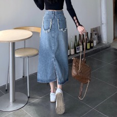 批发复古开叉牛仔半身裙女2025年春夏新款设计感高腰显瘦A字中长裙子