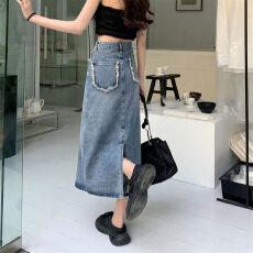 复古开叉牛仔半身裙女2025年春夏新款设计感高腰显瘦A字中长裙子