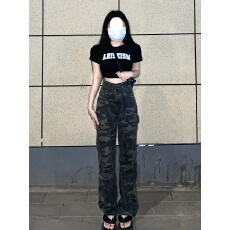 批发美式迷彩高腰牛仔长裤<b class='q'>女</b>宽松BF嘻哈街头hiphop宽松阔腿休闲工装