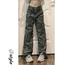 批发美式迷彩高腰牛仔长裤<b class='q'>女</b>宽松BF嘻哈街头hiphop宽松阔腿休闲工装