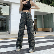 批发美式迷彩高腰牛仔长裤<b class='q'>女</b>宽松BF嘻哈街头hiphop宽松阔腿休闲工装