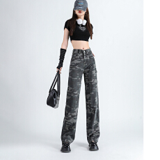 批发美式迷彩高腰牛仔长裤<b class='q'>女</b>宽松BF嘻哈街头hiphop宽松阔腿休闲工装