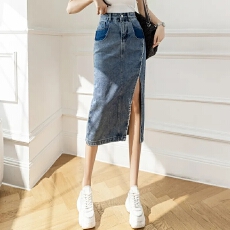 批发开叉复古高腰显瘦百搭牛仔洗水半身裙女春秋夏新款中长款包臀裙子