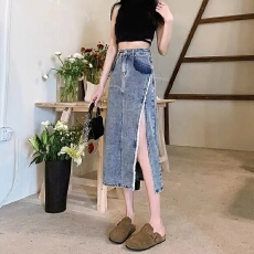 批发开叉复古高腰显瘦百搭牛仔洗水半身裙女春秋夏新款中长款包臀裙子