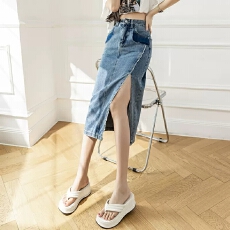 批发开叉复古高腰显瘦百搭牛仔洗水半身裙女春秋夏新款中长款包臀裙子