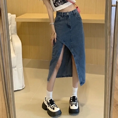 批发不规则开叉牛仔裙子女春季新款半身裙高腰a字裙小个子中长裙