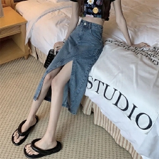 批发不规则开叉牛仔裙子女春季新款半身裙高腰a字裙小个子中长裙