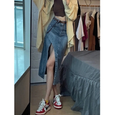 批发不规则开叉牛仔裙子女春季新款半身裙高腰a字裙小个子中长裙