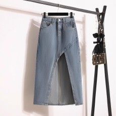批发不规则开叉牛仔裙子女春季新款半身裙高腰a字裙小个子中长裙