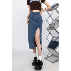 批发不规则开叉牛仔裙子女春季新款半身裙高腰a字裙小个子中长裙