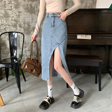 批发不规则开叉牛仔裙子女春季新款半身裙高腰a字裙小个子中长裙