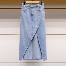 批发不规则开叉牛仔裙子女春季新款半身裙高腰a字裙小个子中长裙