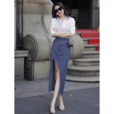 批发不规则开叉牛仔裙子女春季新款半身裙高腰a字裙小个子中长裙