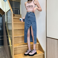 批发不规则开叉牛仔裙子女春季新款半身裙高腰a字裙小个子中长裙