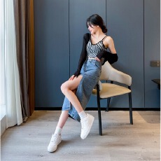 批发不规则开叉牛仔裙子女春季新款半身裙高腰a字裙小个子中长裙