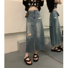 批发大码2026年新款复古破洞开叉牛仔半身裙女学生高腰宽松显瘦中长裙