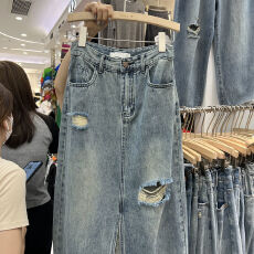 批发大码2026年新款复古破洞开叉牛仔半身裙女学生高腰宽松显瘦中长裙