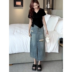 批发大码2026年新款复古破洞开叉牛仔半身裙女学生高腰宽松显瘦中长裙