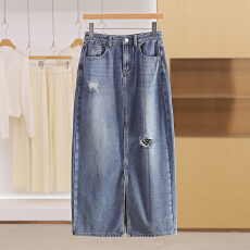 批发大码2026年新款复古破洞开叉牛仔半身裙女学生高腰宽松显瘦中长裙