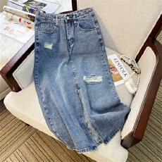 批发大码2026年新款复古破洞开叉牛仔半身裙女学生高腰宽松显瘦中长裙