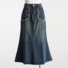 批发2026年秋季通勤蓝色高腰裙身鱼尾中长裙半身裙牛仔半裙