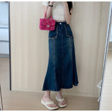 批发2026年秋季通勤蓝色高腰裙身鱼尾中长裙半身裙牛仔半裙