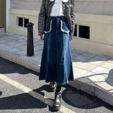 批发2026年秋季通勤蓝色高腰裙身鱼尾中长裙半身裙牛仔半裙