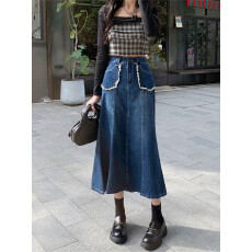 批发2026年秋季通勤蓝色高腰裙身鱼尾中长裙半身裙牛仔半裙