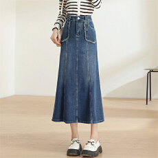 批发2026年秋季通勤蓝色高腰裙身鱼尾中长裙半身裙牛仔半裙