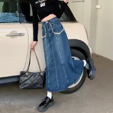 批发2026年秋季通勤蓝色高腰裙身鱼尾中长裙半身裙牛仔半裙