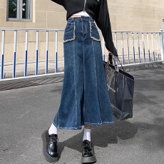 批发2026年秋季通勤蓝色高腰裙身鱼尾中长裙半身裙牛仔半裙