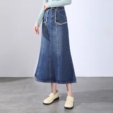 批发2026年秋季通勤蓝色高腰裙身鱼尾中长裙半身裙牛仔半裙