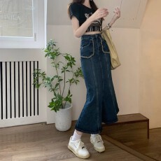 批发2026年秋季通勤蓝色高腰裙身鱼尾中长裙半身裙牛仔半裙