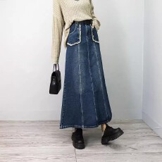 批发2026年秋季通勤蓝色高腰裙身鱼尾中长裙半身裙牛仔半裙