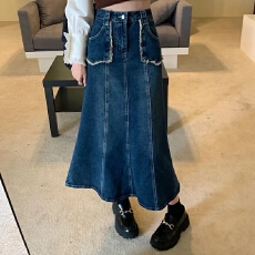 批发2026年秋季通勤蓝色高腰裙身鱼尾中长裙半身裙牛仔半裙