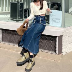 批发2026年秋季通勤蓝色高腰裙身鱼尾中长裙半身裙牛仔半裙