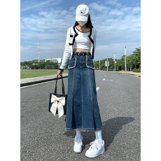 批发2026年秋季通勤蓝色高腰裙身鱼尾中长裙半身裙牛仔半裙